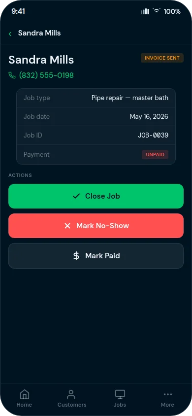 Business Hub record view showing job details and action buttons