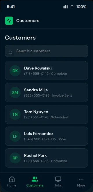 Business Hub customers list with Houston area codes visible