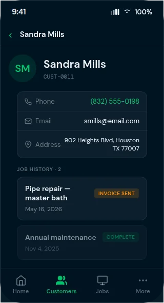 Business Hub customer detail showing job history