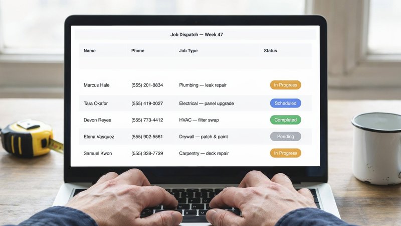 Service business owner reviewing job tracking spreadsheet on laptop