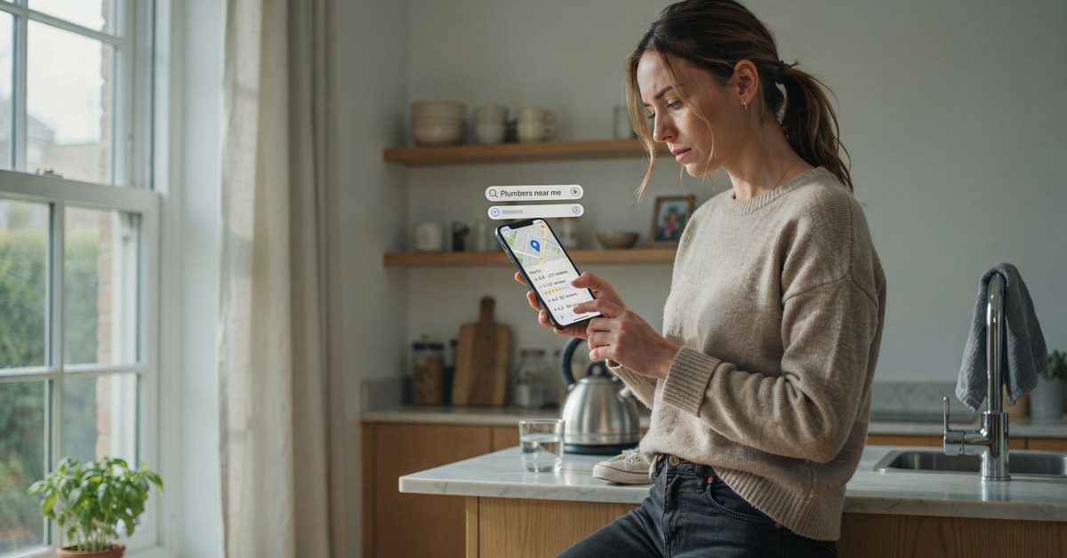 Homeowner searching for plumbers near me on their phone, scanning Google Maps review ratings