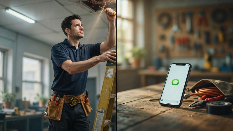Contractor on a ladder working on site while a text message notification appears on a nearby phone