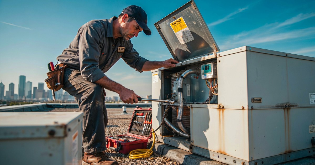 Service professional working on a rooftop HVAC unit, fully focused on the job and unable to answer an incoming call