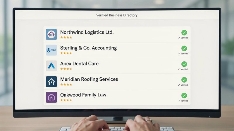 Business owner reviewing verified business directory listings on desktop monitor